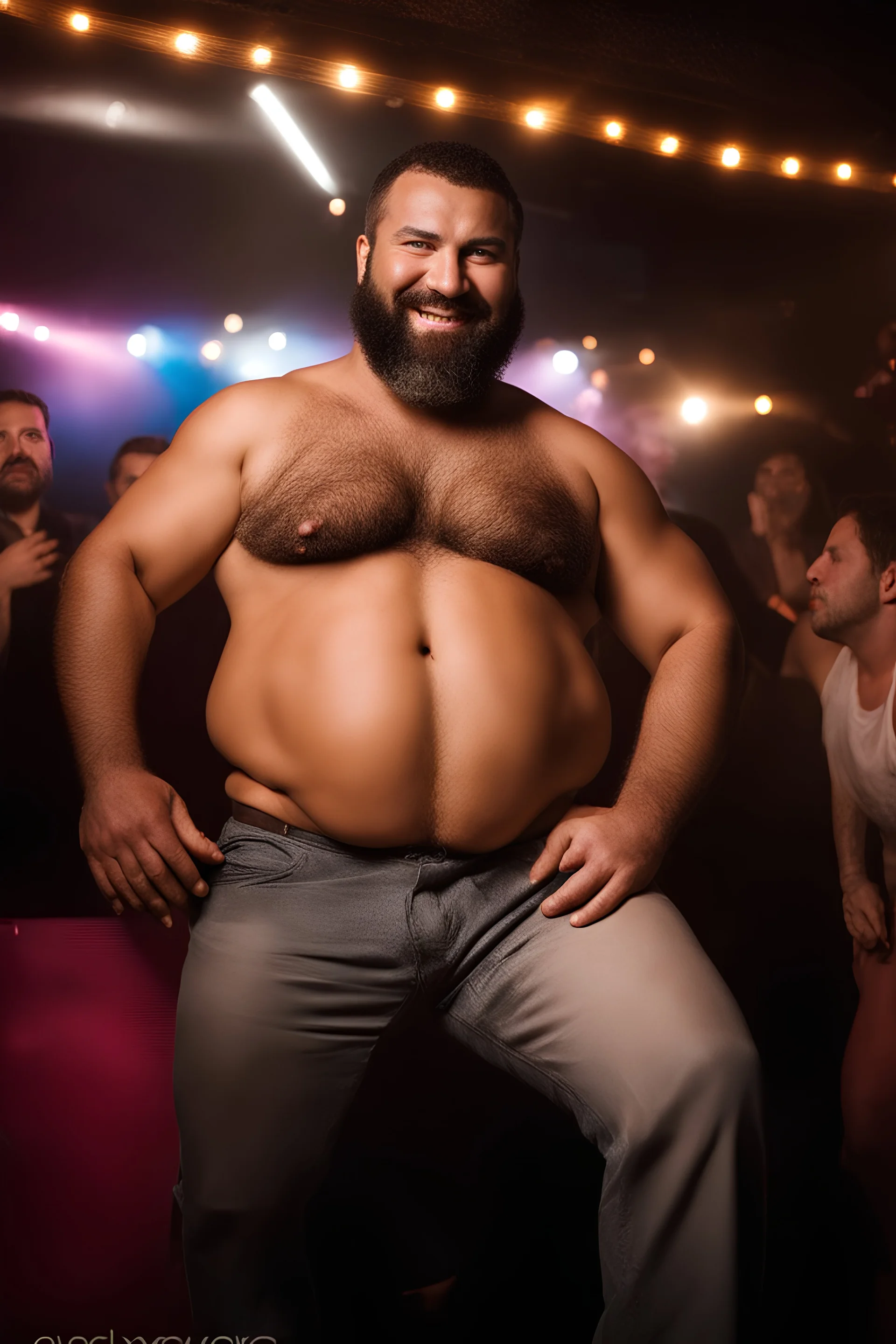 full figure photography of a chubby muscular strong 39-year-old hairy turkish in a discoteque, ajar mouth, shirtless, short beard, bulge, dancing, serious, manly chest, very hairy, side light, view from the ground