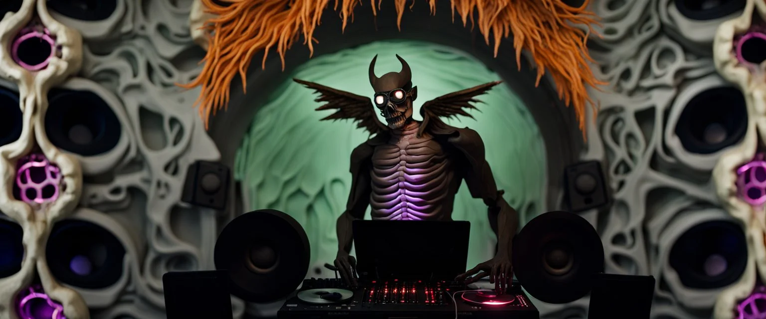 DJ of the damnded, insanely detailed DJ booth in hell, MID set, speakers and equipment made of bone, anatomically correct,