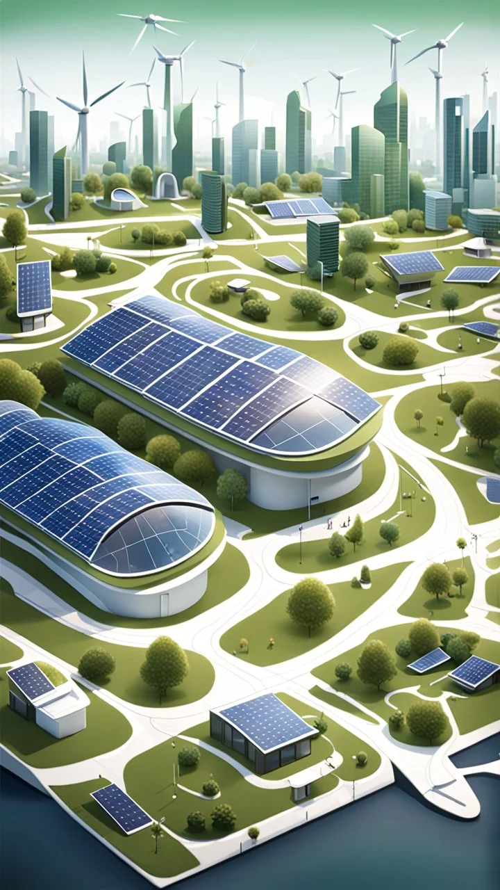 Create an illustration of the city of Solglans, depicting it as a futuristic and sustainable urban environment. Show buildings with solar panels on their rooftops, wind turbines scattered throughout the cityscape, and green spaces integrated seamlessly into the urban fabric. Emphasize the use of advanced technology, such as smart grids and wireless communication networks, to convey the city's commitment to innovation and sustainability. Capture the vibrant atmosphere of a community that thrives