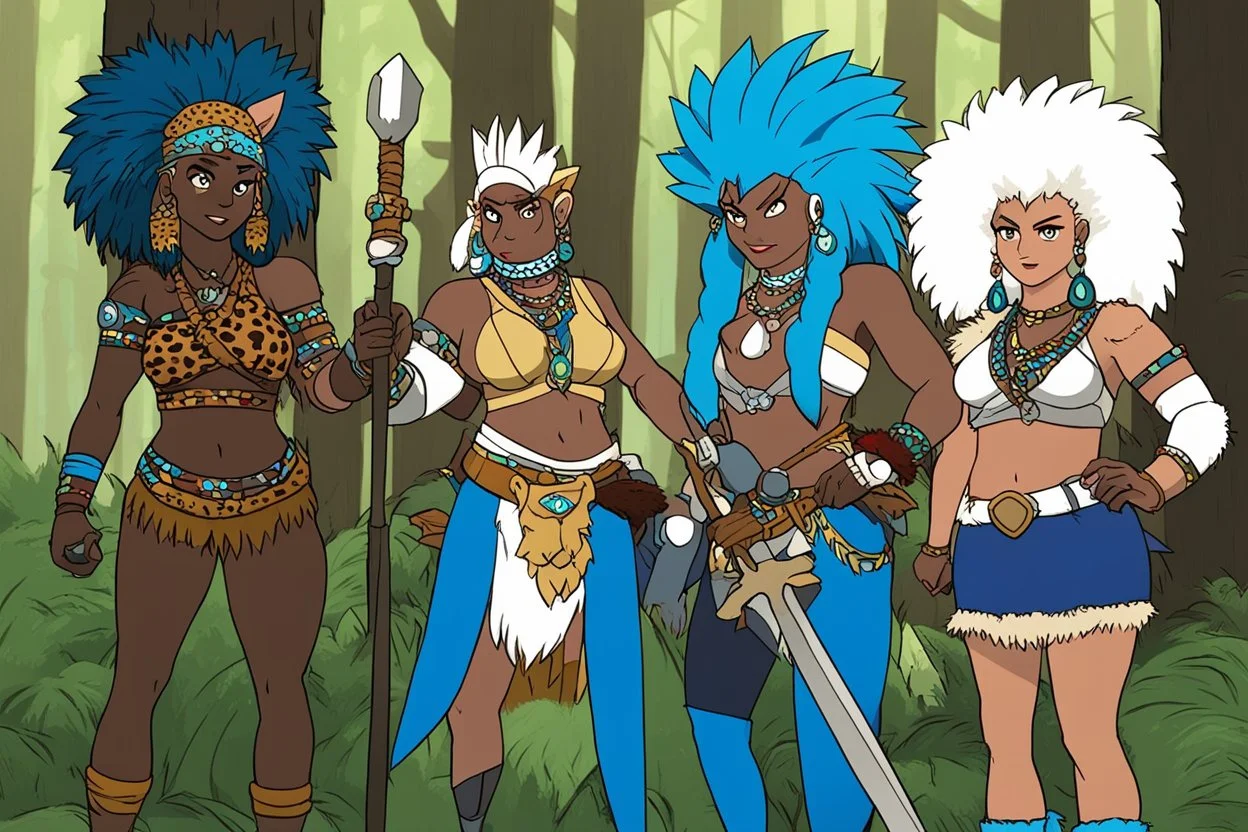 The three women Amazonians from Futurama standing in the forest, Thog (long blond hair with bone hair ornaments in it), Kug (blue hair styled in a mohawk and wears leopard skinned clothing. She holds a wooden mace in her right hand.), and Ornik (afro with animal fur clothing, as well as white earrings and a headband)