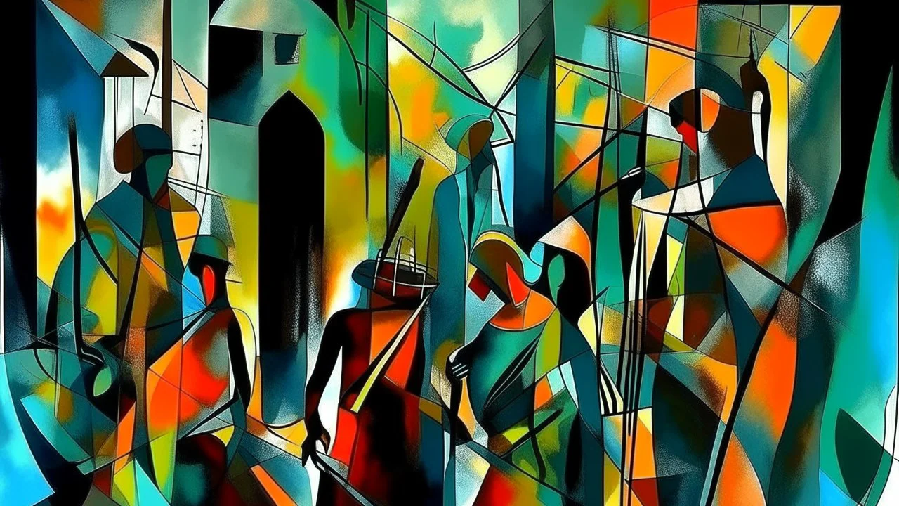 abstract painting, jazz, Fragments of Forgotten all the sins in outskirts, use flat bright colors displayed art, Charcoal, Metallic Ink: merging into walls of shadow., refugees, conformity, Analogue film photo, , 1950s, candid, retro analog, 35mm film, film grain,