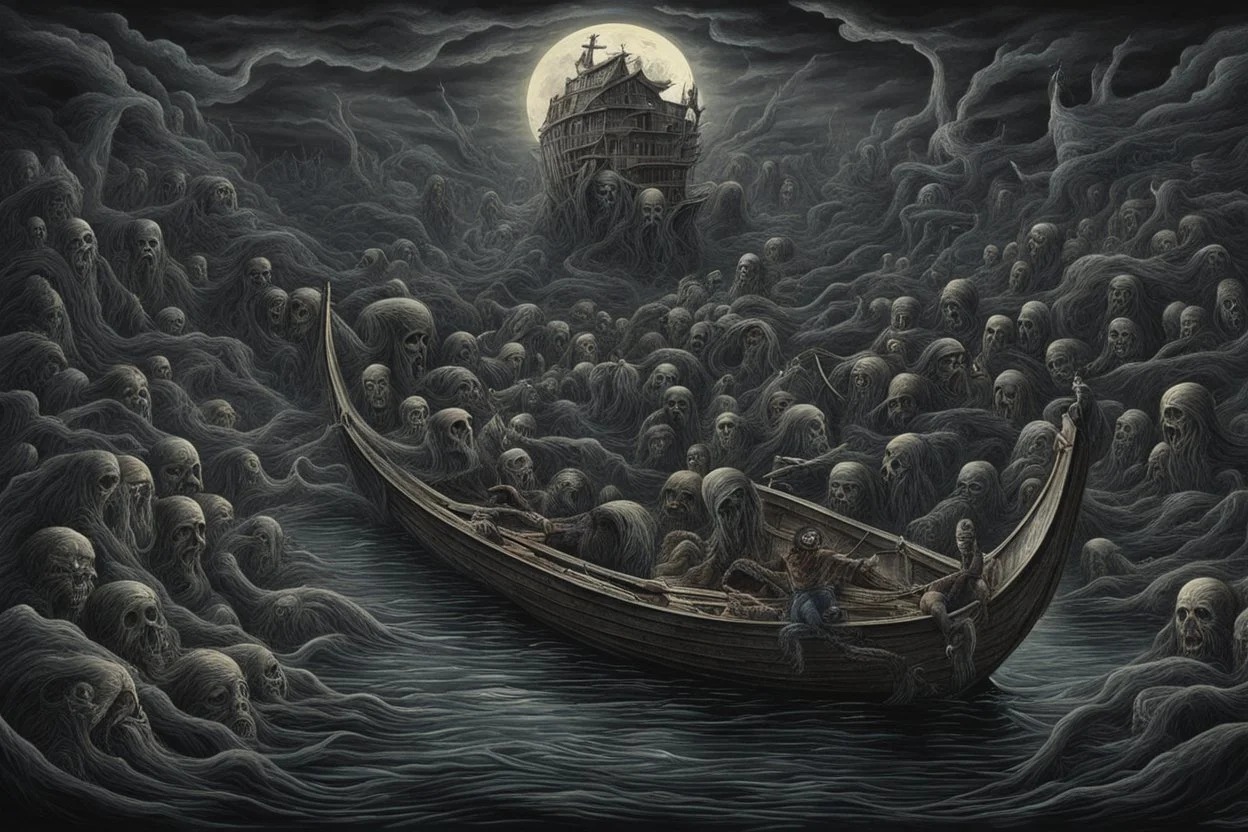 on the river Styx, in a special creepy boat, the boatman in the hood of Death, who takes the guilty people to the endless darkness, to hell on the boat, the crowd of crying, howling, begging dead, surreal style, dark colors, strange surreal nightmare landscape, high detail, sinister, surreal art, chillingly fascinating