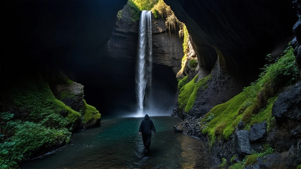 Interior of a large, natural cave. A tall waterfall cascades down one side, illuminated by a shaft of sunlight from above.a hooded figure is walking on a rocky path within the cave, further back from the waterfall, in a more dimly lit area. The path winds through the cave. Moss and other vegetation grow on the cave walls. Water pools below the waterfall. Photorealistic, 8k resolution, highly detailed, dramatic lighting, volumetric lighting