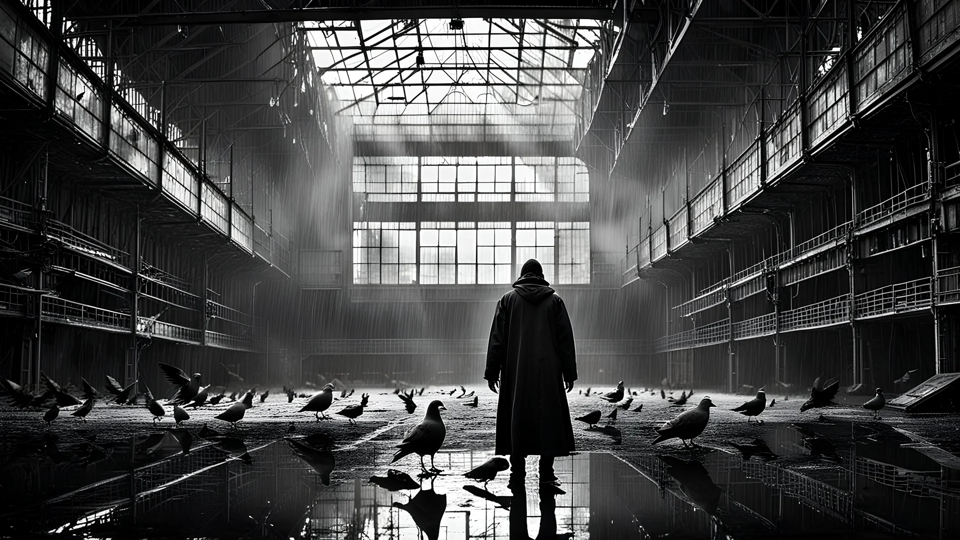 man inside dark extremely large sci-fi old hangar, pigeons flying in distance, dark room, rain, wet, ambient light, photographic, black and white