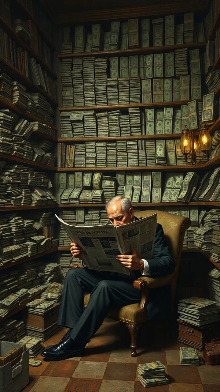 Bosch painting style nightmare, a rich man surrounded by a walls of money on the shelfs , sitting alone reading a newspaper