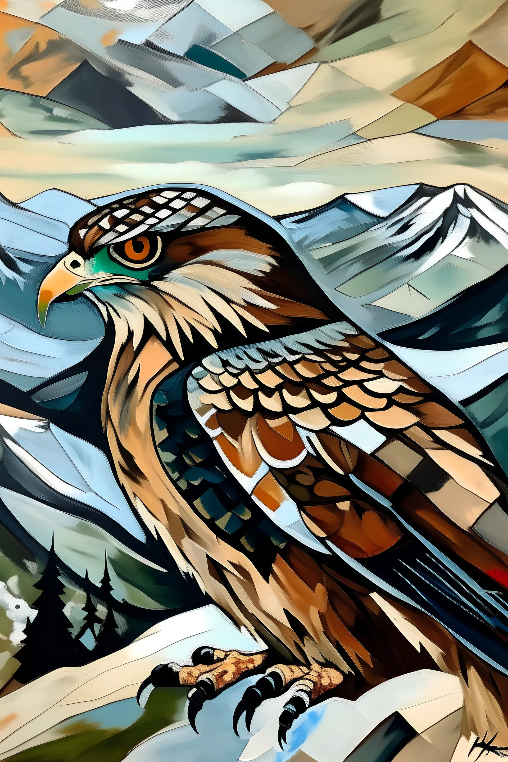Un halcón en las montañas nevadas estilo picasso