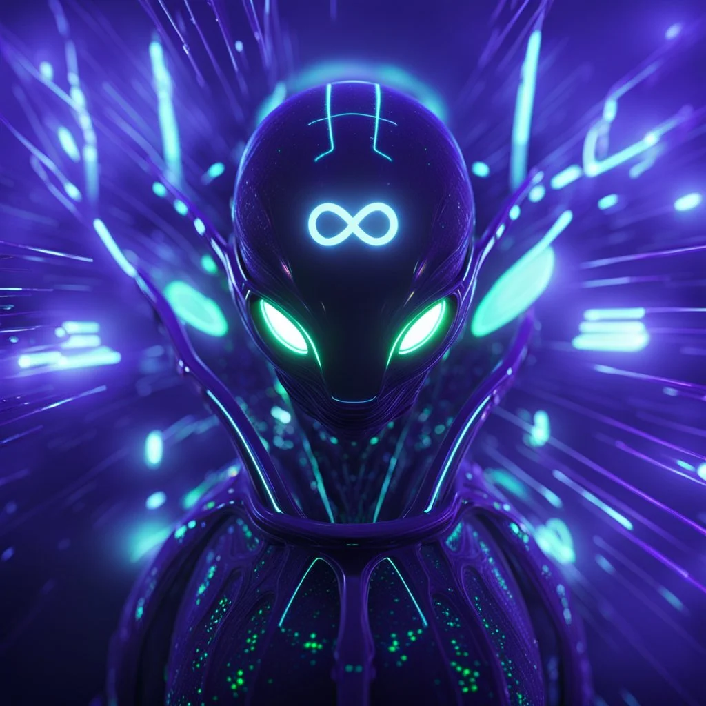 3D infinity symbol ∞ on alien's forehead, infinity figure-of-eight symbol is totally-symmetrical and glowing, exotic, neon, alien, inspiring, fantasy, scientific, friendly, beautiful, octane render, 8k post-production, artstation: award-winning: atmospheric: commanding: fantastical: clarity: 16k: ultra quality: striking: brilliance: liquid medium: stunning colors: amazing depth; lens: f/8, 28mm