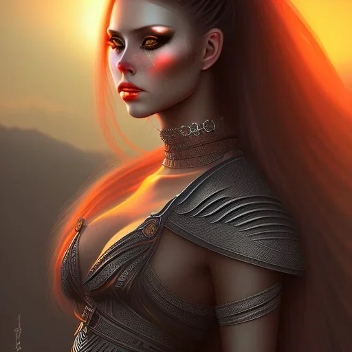 black long hairs lady warrior top under sunset