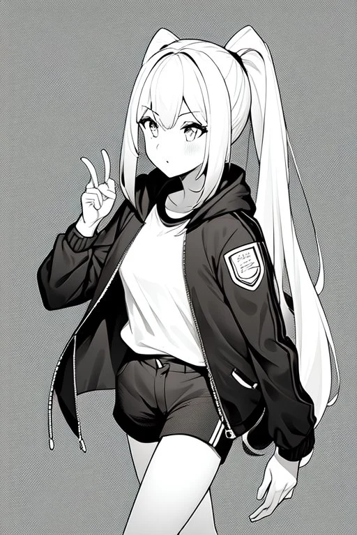 blonde girl with ponytails dressed in a jacket and shorts walks proudly, greyscale