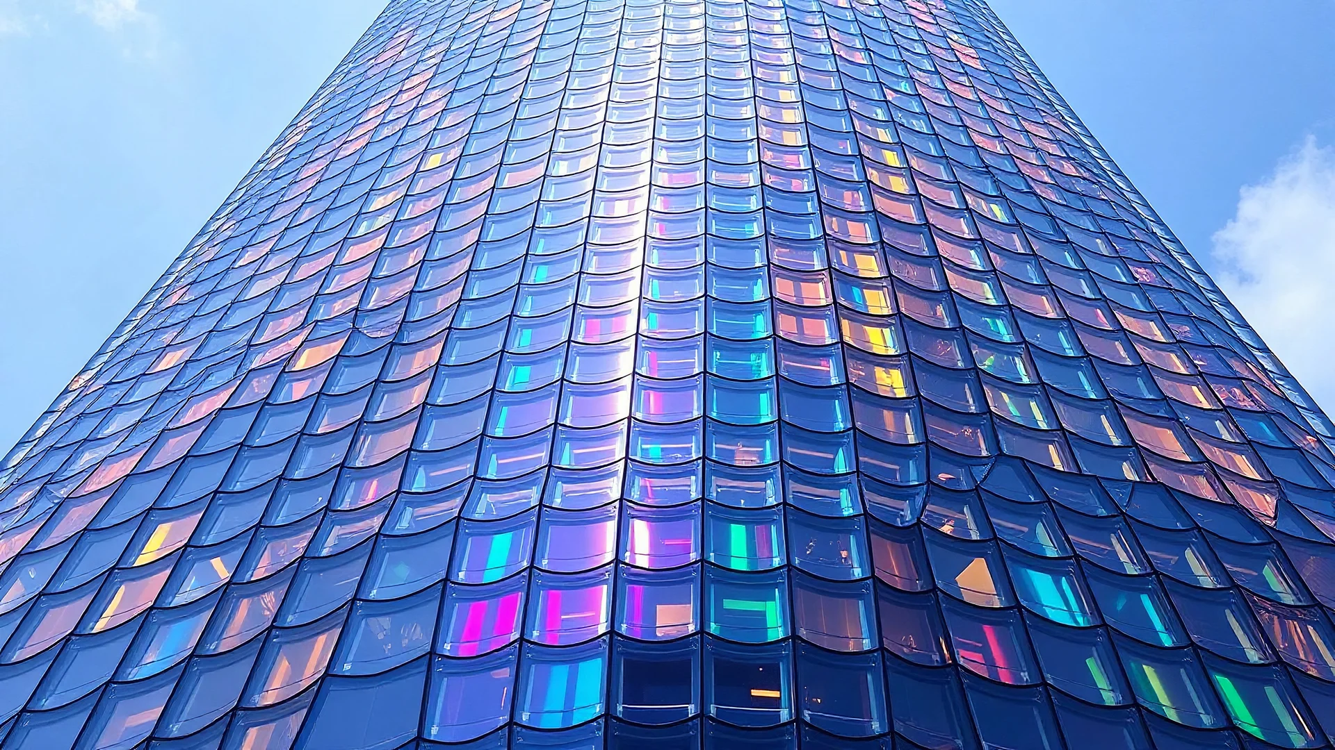 A towering skyscraper with sweeping, curved surfaces made of translucent, iridescent stained glass. The building features a hexagonal honeycomb pattern of windows that allow light to cascade through, creating a rainbow effect inside and outside. Award-winning photograph, stunning clarity, beautiful composition, exquisite detail and illumination