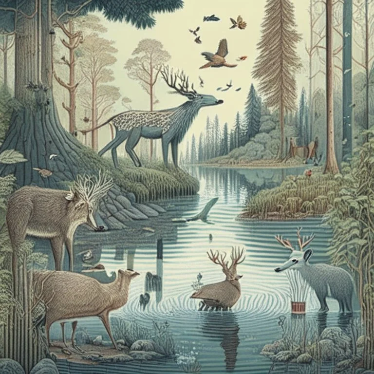 A detailed illustration with forest animals at the egde of a forest drinking from a lake.