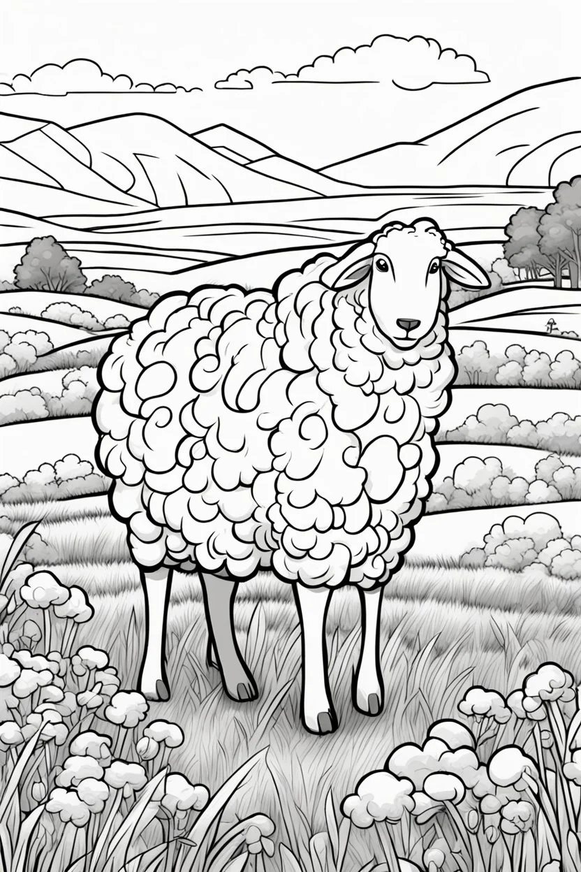 coloring page, sheep in a grassy meadow, cartoon style, thick lines, low detail, no shading