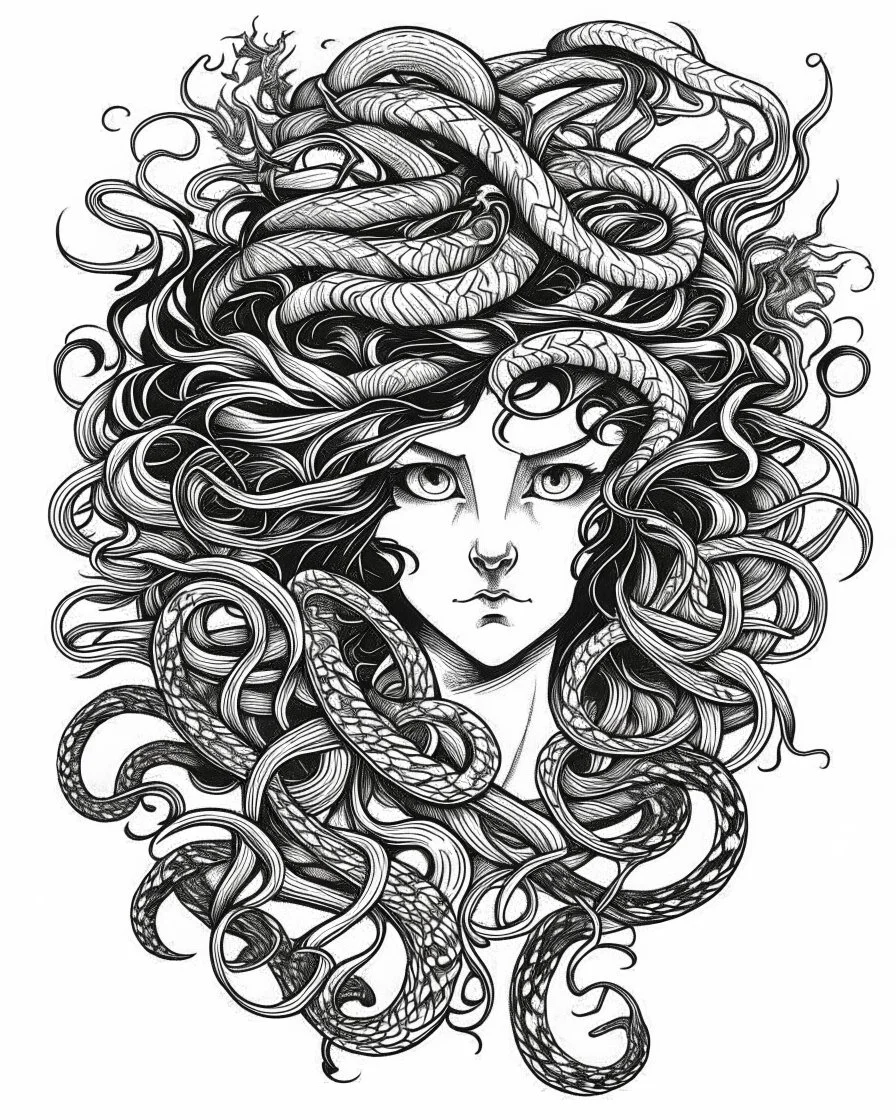 realistic medusa symbol tattoo idea, line art, background, vector, svg, black outline on white background, leave plenty of white space beetween lines for coloring, tattoo style, tattoo idea