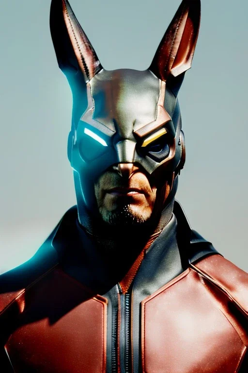 Medium Close Up Portrait, Front image. cyberpunk, rabbit mask helmet, strong man, titanium hair. Latex suit. Brown, black, color. Wolverine style. Color background, photo studio. Avatar image, highly detailed, concept art, smooth, unreal engine 5, ray tracing, RTX, lumen lighting, ultra detail, volumetric lighting, 3d, finely drawn, high definition, high resolution.