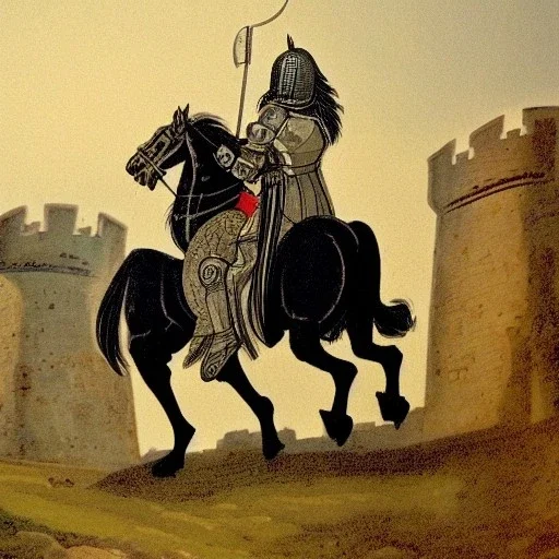 great old knight with flowing white hair and beard riding black horse toward castle