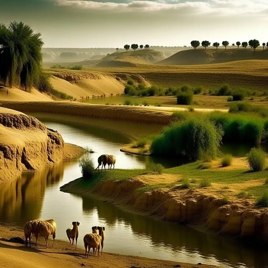 Farm land, river, farming, camel