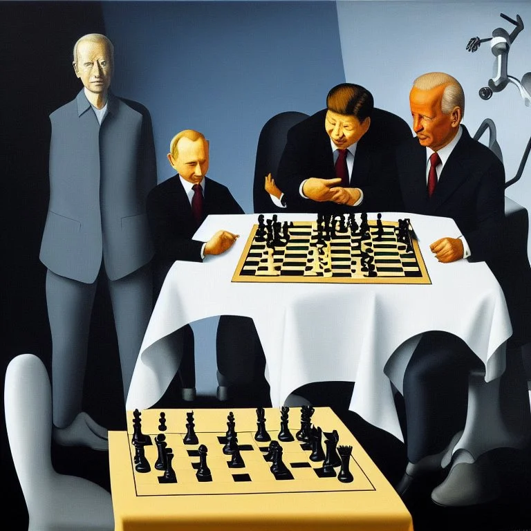 Complex Surgical Instruments,Putin,President Xi jinping,Joe Biden Play Chess with a Newborn Boy,absolute order,black background,surrealism,minimalism,Painting By Adrian Ghenie,Michelangelo,Rene Magritte,Lucian Freud,Salvador Dali,Pablo Picasso