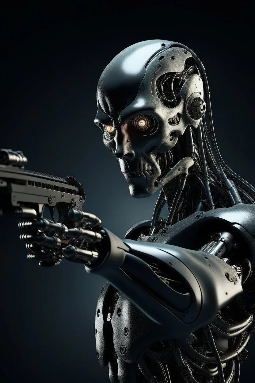 a scary cyborg with a gun searching for humans looking right and far away
