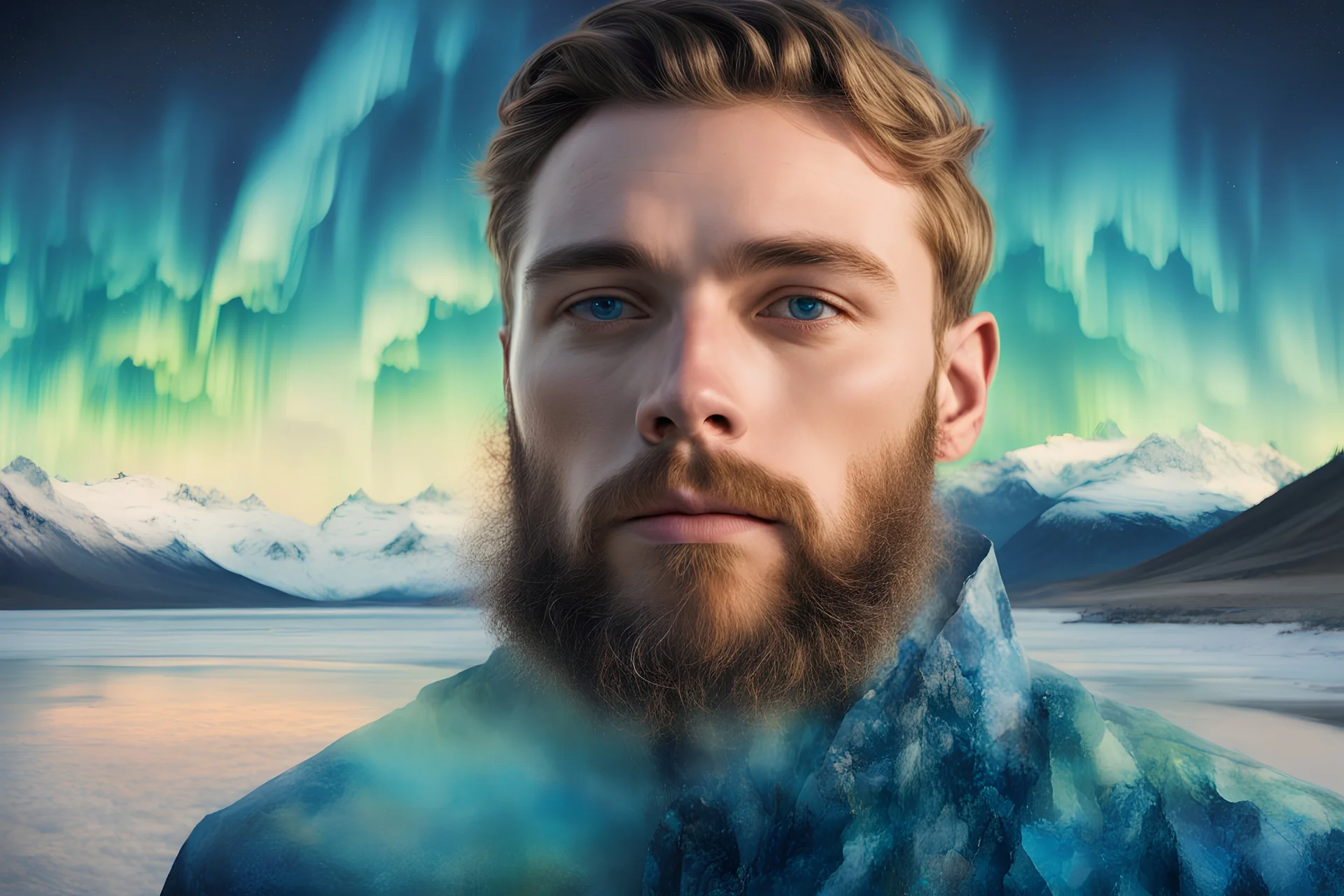 Ton Dubbeldamoil oil impasto painting high quality double-exposure photo handsome young beard ACTOR, wears Joe Casely-Hayford hipster fashion, artistically blended with a Icelandic Dawn Aurora Borealis mountain beach landscape, austrian symbolism, double exposure, (illusion:1.2), mixture, (blue background:1.2), foreground clouds, (digital art:1.3), make up, impasto art style