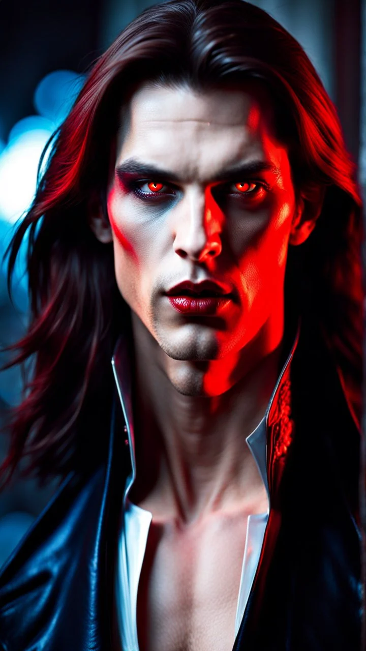 handsome evil male alien vampire with long brown hair and red eyes