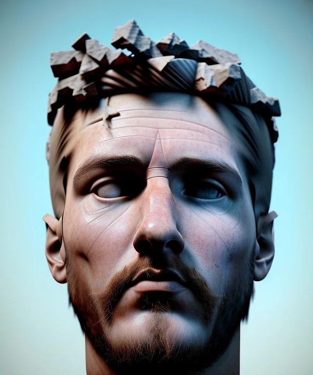 Gran angular, Realistic image, roman sculpture, marble material, Lionel Messi, Laurel wreath model, miguel angel style, emperador, God light, god rays, 4k resolution, ornate details, soft lighting, unreal engine 5, soft cyan background.