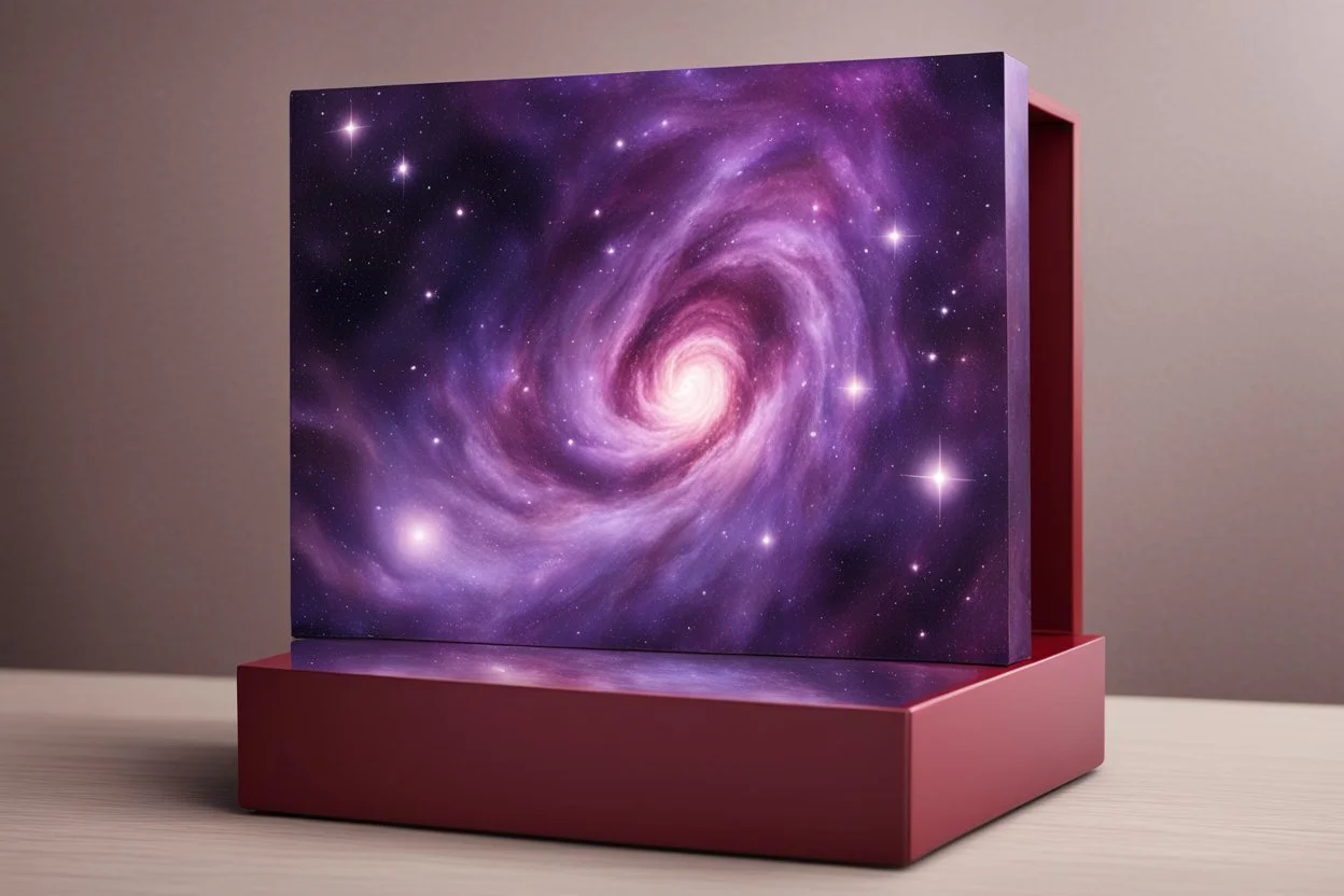 beautiful paintings of purple space, galaxies on red rectangular box, very realistic