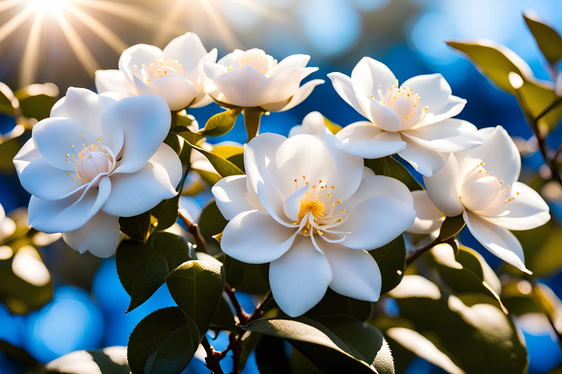 Magic garden with camelia flowers, white, parma or blue light effects colors, sun, realistic, nice camelia flowers, high contrast, 8k, high definition, concept art, sharp focus