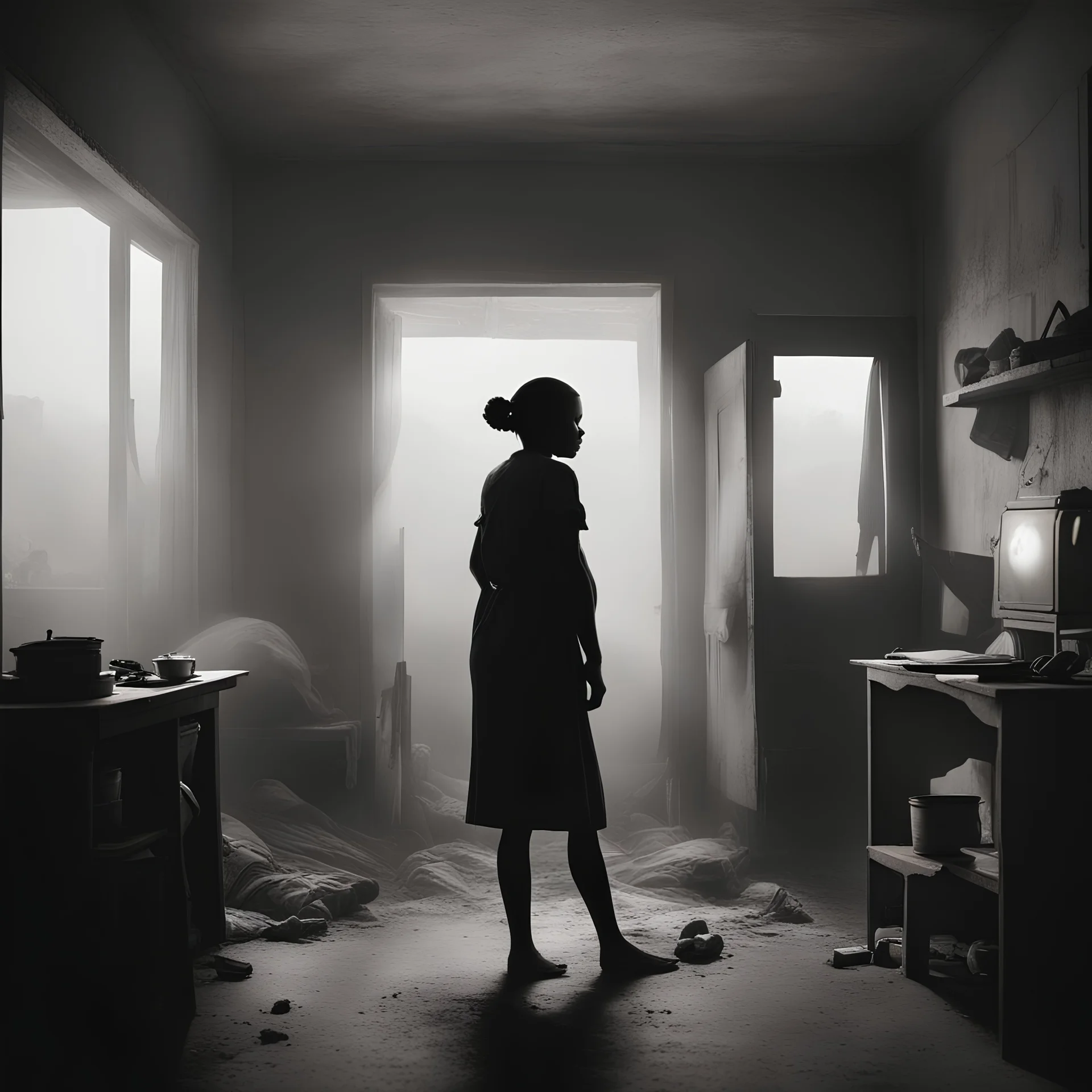 Crie uma representação visual que capture a exaustão enfrentada pelas mulheres devido à carga tripla de trabalho, especialmente no contexto do trabalho invisível de cuidado no Brasil. A imagem deve transmitir a sensação de esgotamento físico e emocional. Apresente a silhueta de uma mulher em meio a uma atmosfera pesada dentro de uma casa com crianças , com expressão facial cansada e postura curvada. Adicione ela dentro de uma casa, com crianças e um ambiente bagunçado que represente a falta d