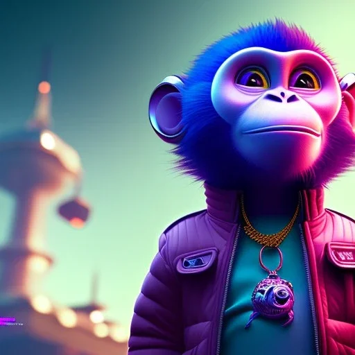 pixar style anamorphic cute cyberpunk monkey baby, smiling,gangsta gold neckless, full body, magenta puffer jacket, manila city backdrop, dramatic lighting, hyper realistic, unreal engine 5, 16k without background