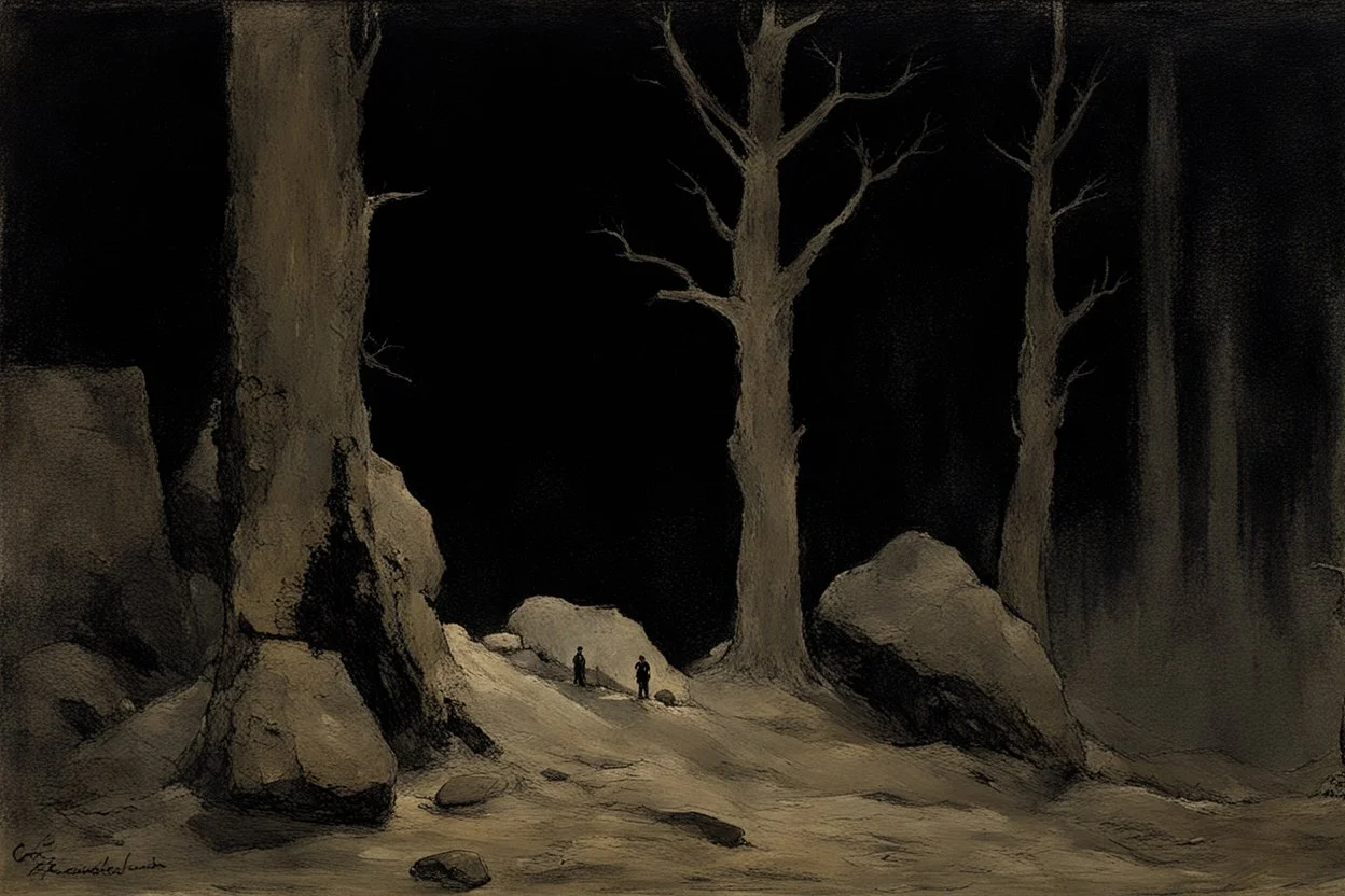 Night, rocks, trees, begginer's landscape, horror gothic movies influence, friedrich eckenfelder and george hendrick breitner impressionism paintings