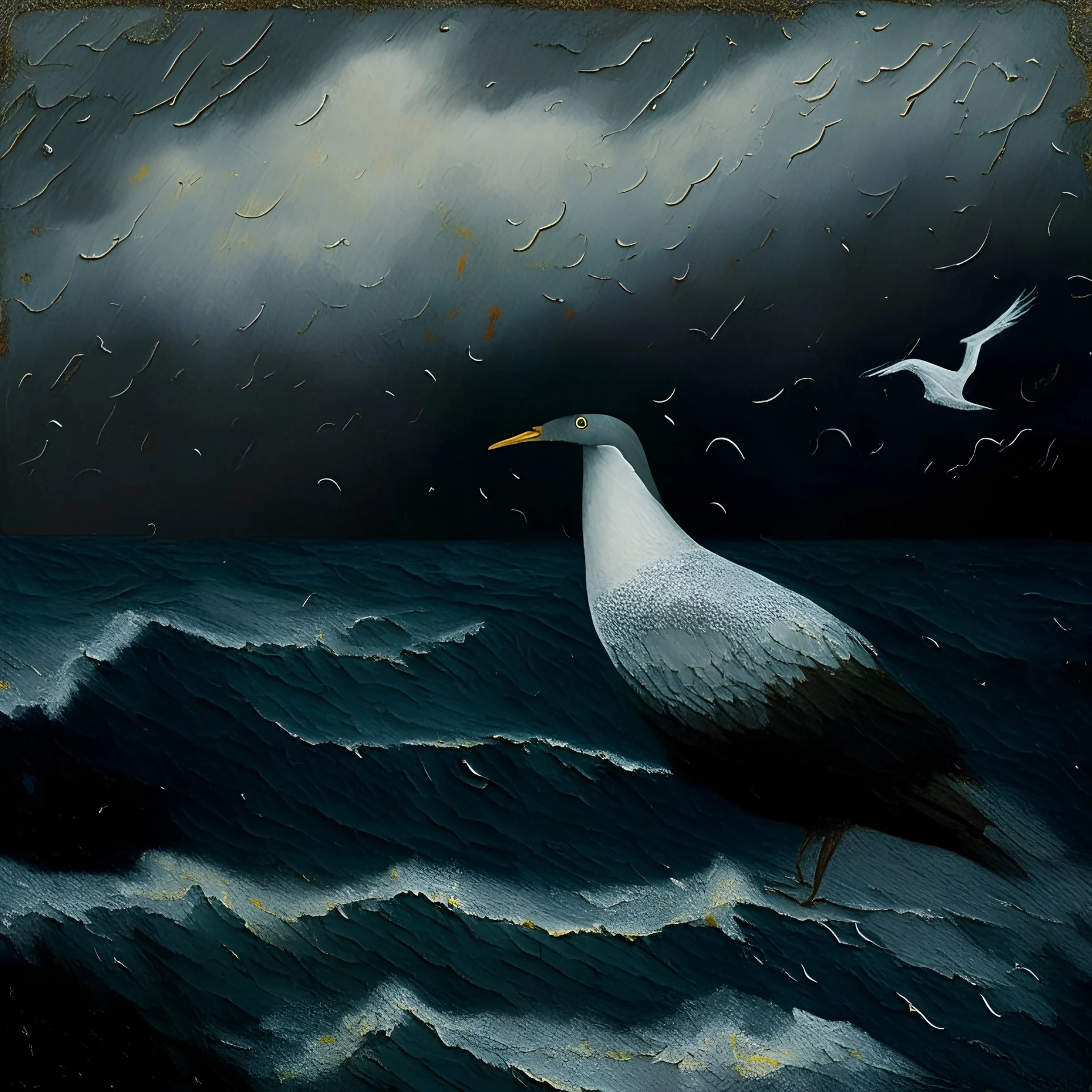 Dark sea weather and a seagull over it painted loosely by Klimt