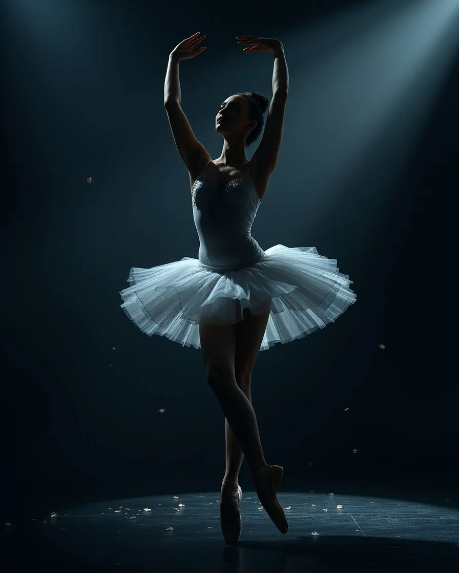 Ballet dancer standing a nice ballet pose in luxury teather , small flower particles floating in spotlight, dramatic chiaroscuro lighting