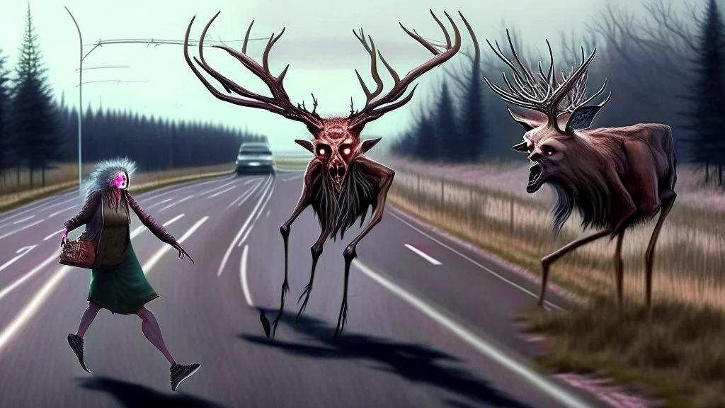 the deceased deer resurrects as an evil lovecraftian deerchad and chases an older drunk lady down the I90 highway