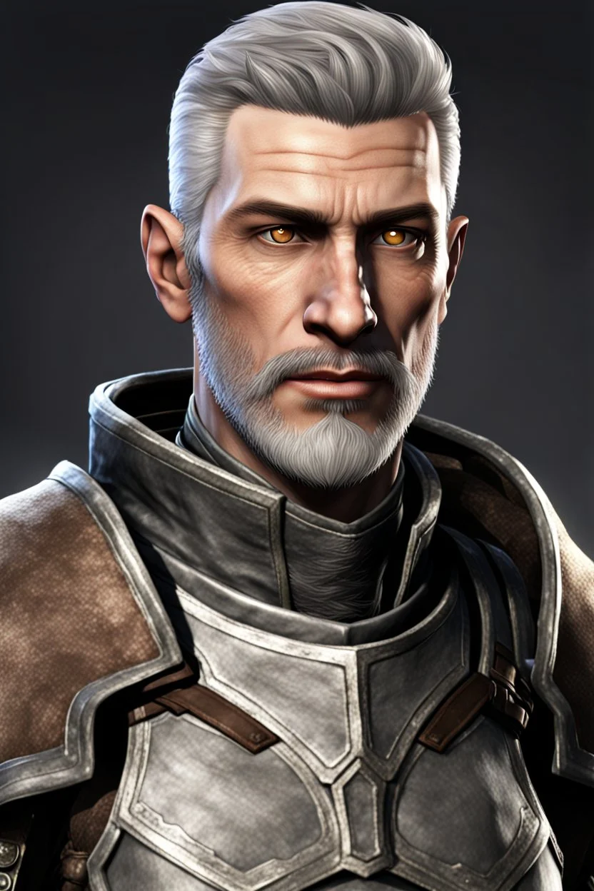 An old male imperial legionnaire from Skyrim with brown eyes, short gray Roman-style hair and a light beard