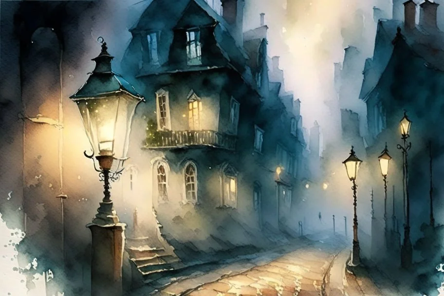 Prompt: a lantern glowing softly on a cobblestone street, mist swirling, with old Victorian houses lining the path, watercolor, mysterious, nocturnal