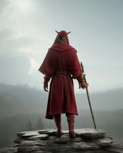 mysterious epic wizard walks up a tall stone stair case, lightning flashes in the sky, he is hurried, ragged red robes, carrying a staff with a crystal on the top