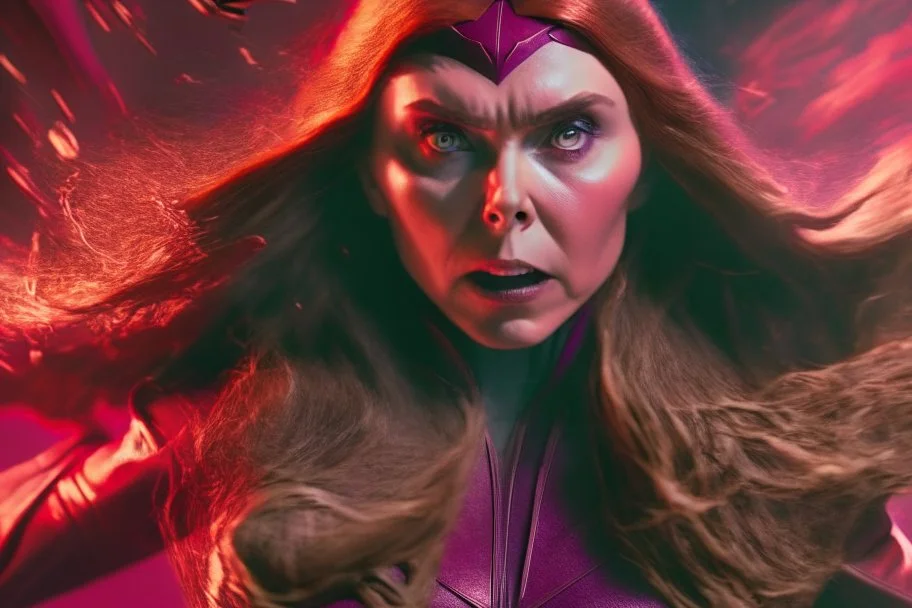 Mulher, feiticeira escarlate, rosto da atriz elizabeth olsen, rosto de wanda maximoff, cabelos ruivos, muito brava, wanda Marvel, expressão de raiva, 4k render, vilã, voando, imagem de longe, manipulando magia, raiva, corpo inteiro, olhos marcantes, mãos atirando magia do caos vermelha, cidade de destruição, cores frias, cinematográfico, dramático. Traje da wanda inspirado no filme doutor estranho no multverso da loucura da marvel, saindo magia de suas mãos, voando pelo céu e a destrui�