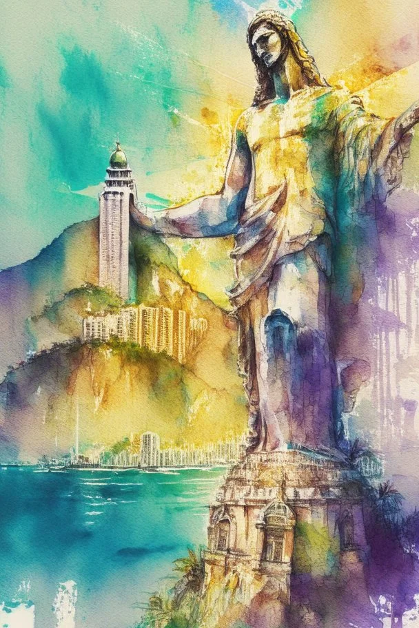 Rio de Janeiro with the Christ Statue watercolor and ink, intricate details, fantasy, beautiful, award winning, colorful, fantastic view, crisp quality, in sunshine