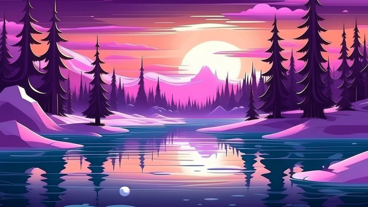 cartoon illustration: beautiful magic frozen lake with pines and purple sky