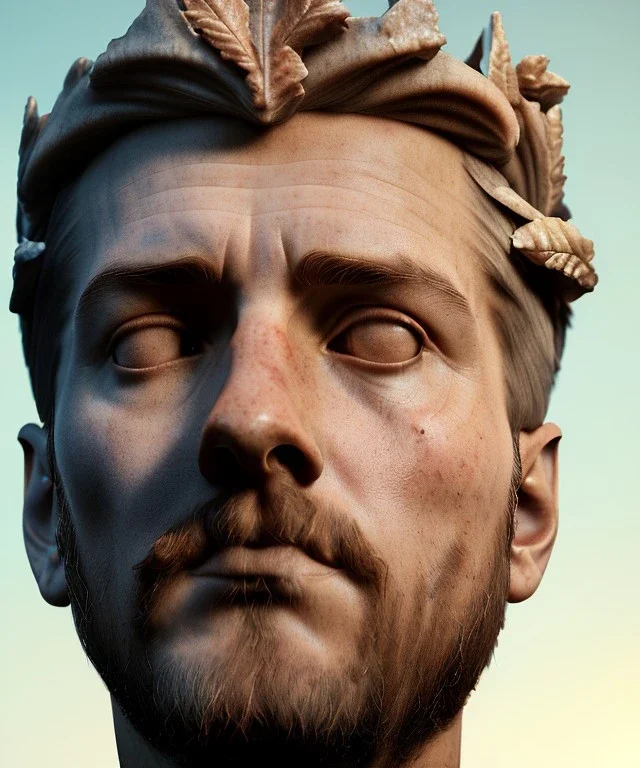 Gran angular, Realistic image, roman sculpture buste, marble deluxe material, Lionel Messi, gold Laurel leaves crown model, miguel angel style, emperador, God light, god rays, 4k resolution, smooth details, ornate details, soft lighting, unreal engine 5, soft cyan background.