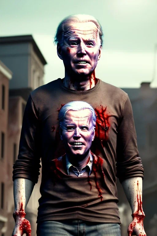 Ultra realistic image, joe biden zombie, zombie performance, blood, torn arm, night, walking twisted, waist up view, walking dead style, dark ambient, highly detailed, sky background, concept art, unreal engine 5, god rays, ray tracing, RTX, lumen lighting, ultra detail, volumetric lighting, 3d, finely drawn, high definition, high resolution.