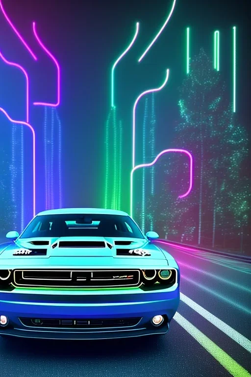 schönes foto von einem chromlackierten dodge challenger in heckansicht der auf einem highway richtung horizont fährt,miami vice, miami, neon ligths,chrome, synthwave, retro, high detailed,unreal engine, octane render, photo realistic, viele palmen, komplementärfarben