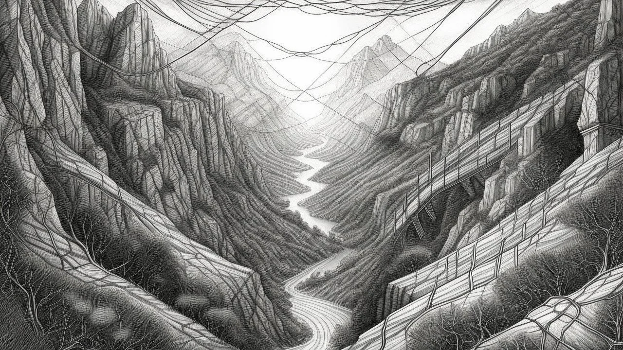 Radiant linear element bridging the elements of a surreal environment with a rugged canyon, twisted vines, and a glowing horizon, Smart lighting, pencil drawing