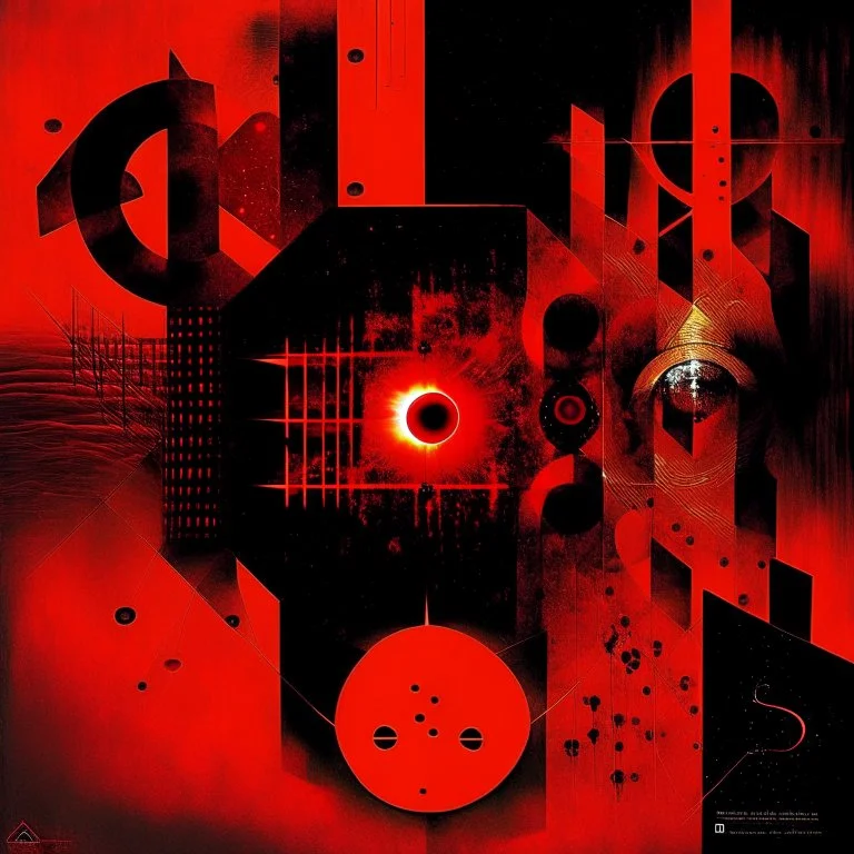 braille regressive overlapping timelines, abstract art vs sci-fi art, by Arthur Secunda and Dave McKean, by Arthur Secunda, mind-bending illustration; album cover art, asymmetric, Braille language glyphs, dark shines geometry, red hues