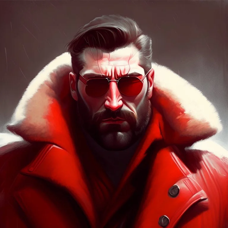 a young man with big muscles who looks like hans gruber wearing a heavy coat and red sunglasses staring with an angry look on his face