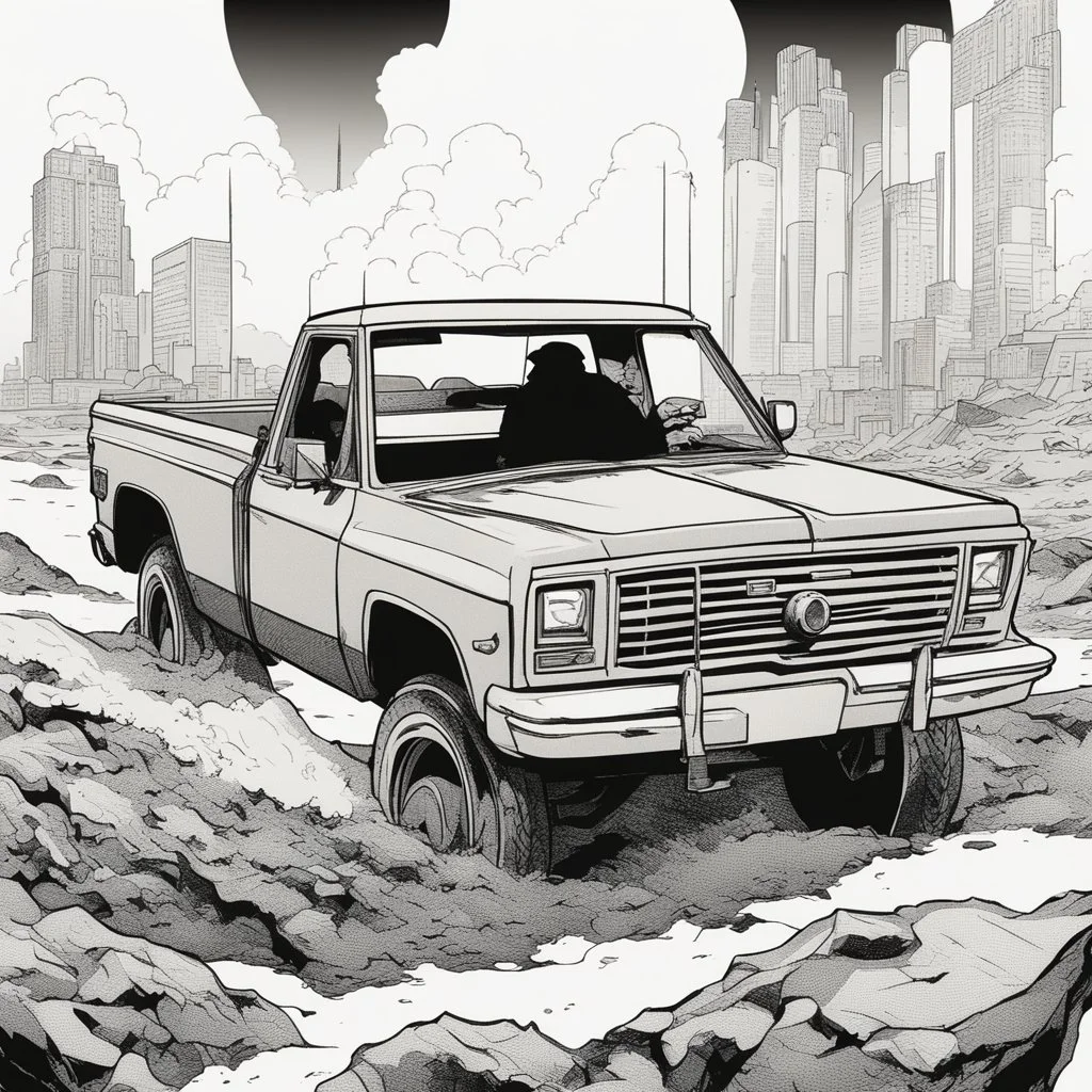 pickup truck , silhouette, comic book, post-apocalypse, white background,