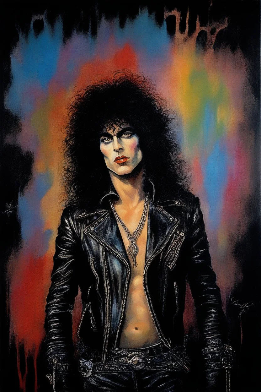 oil painting, text "KISS" - facial portrait with makeup - 20-year-old Paul Stanley with long, wavy curly black 1980's style big hair, wearing a black leather jacket, extremely colorful, multicolored watercolor stained wall in the background - in the art style of Boris Vallejo, Frank Frazetta, Julie bell, Caravaggio, Rembrandt, Michelangelo, Picasso, Gilbert Stuart, Gerald Brom, Thomas Kinkade, Neal Adams - explosions, flames, fog, clouds, dust,