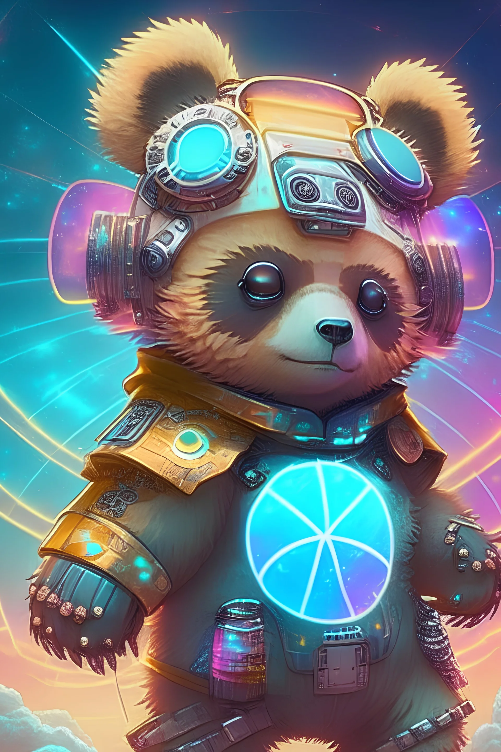 a solar punk cute avatar in a futuristic world. bear japanese kawaii style.