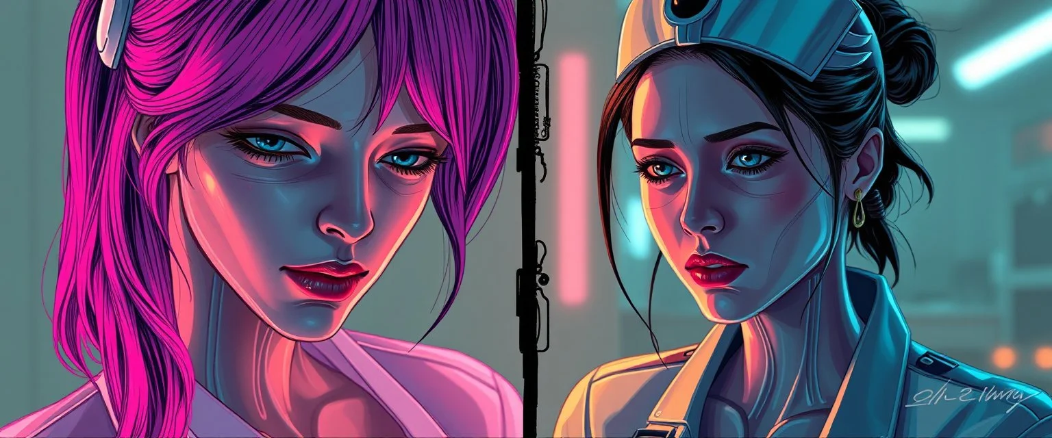 cyberpunk fallout 4, airbrush and pen outline, A cinematic, high-end advertisement image for a fictional service called “Splice Girls Nurses, Rebuilding Bone Structure on Transparent People™”. Split-screen composition with two contrasting emotional states.