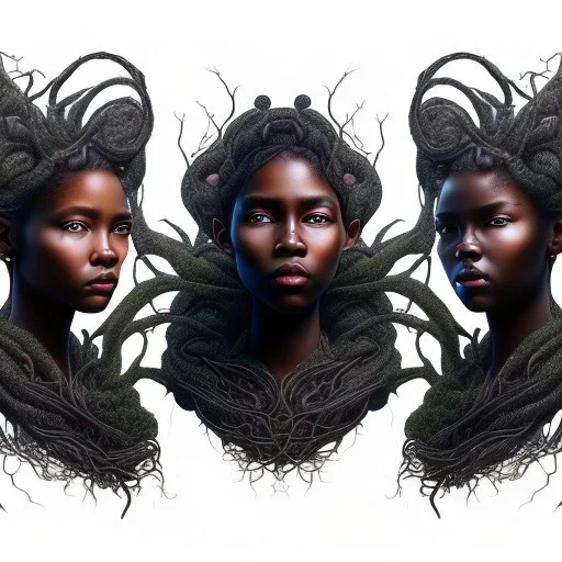 Painting .three women. A mother. Two daughter. Twins. A mother with her children. three young black women. wood nymphs emerging from the forest. Her hair looks like vines. Dreadlocs. Her skin is the colour of dark soil. Her skin looks like tree bark. Her clothing is made of vines, grass and leaves.